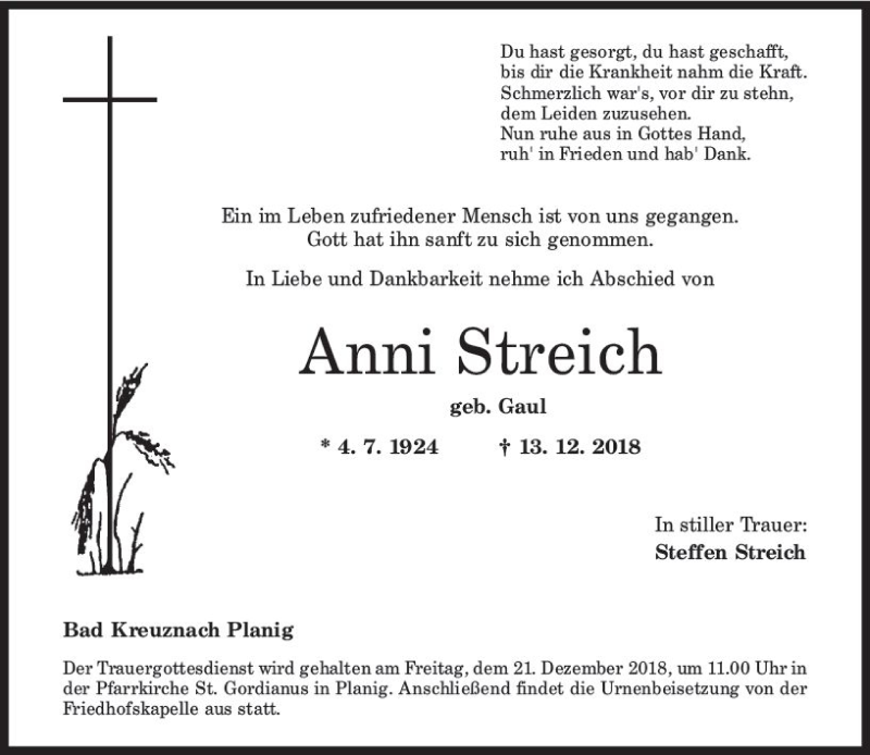  Traueranzeige für Anni Streich vom 17.12.2018 aus vrm-trauer