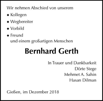 Traueranzeige von Bernhard Gerth von  Gießener Anzeiger