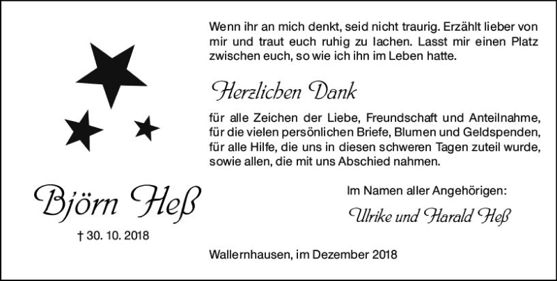  Traueranzeige für Björn Heß vom 01.12.2018 aus  Kreisanzeiger