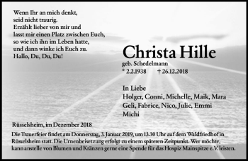 Traueranzeige von Christa Hille von vrm-trauer