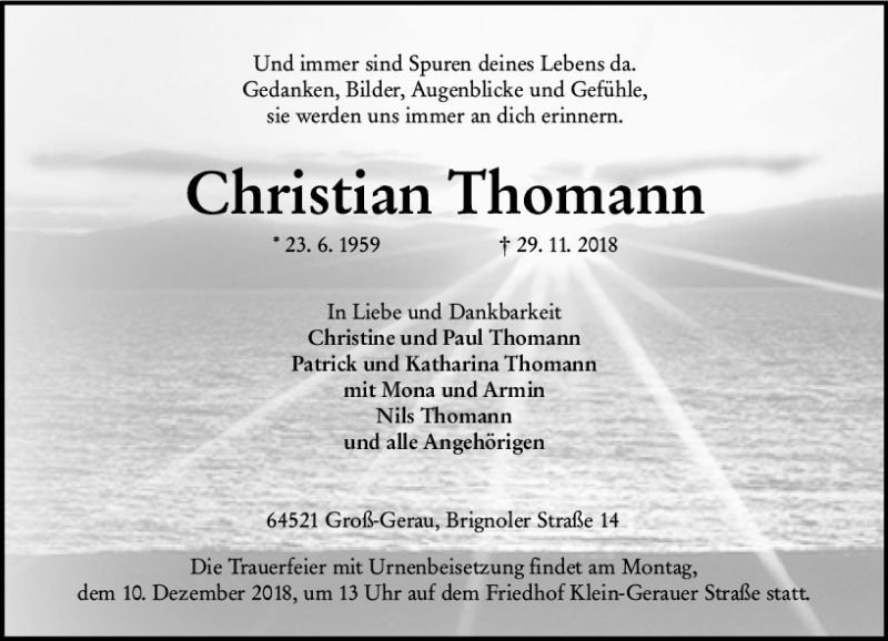  Traueranzeige für Christian Thomann vom 07.12.2018 aus vrm-trauer