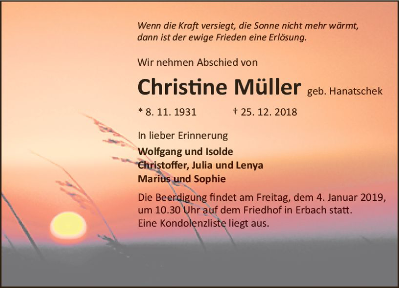  Traueranzeige für Christine Müller vom 29.12.2018 aus vrm-trauer