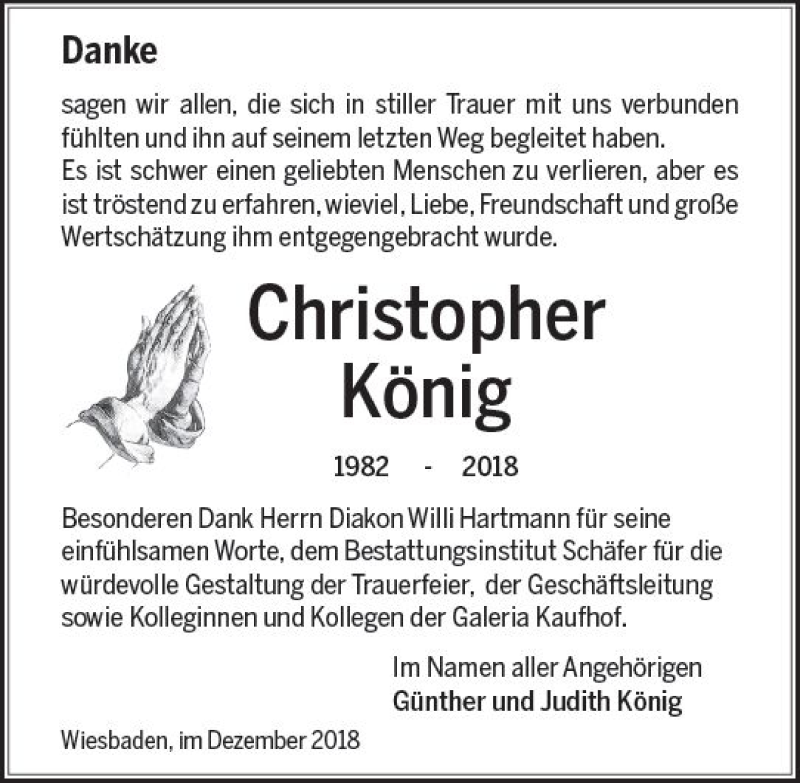  Traueranzeige für Christopher König vom 22.12.2018 aus vrm-trauer