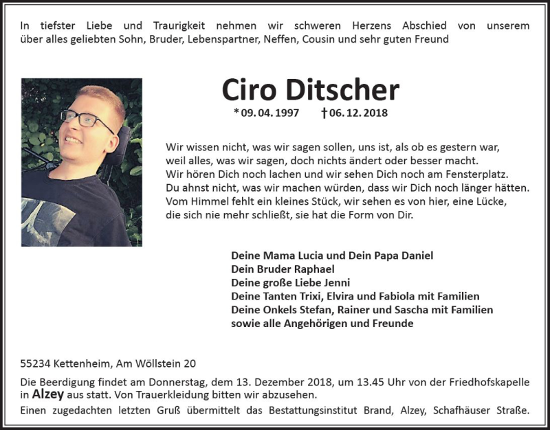  Traueranzeige für Ciro Ditscher vom 11.12.2018 aus vrm-trauer