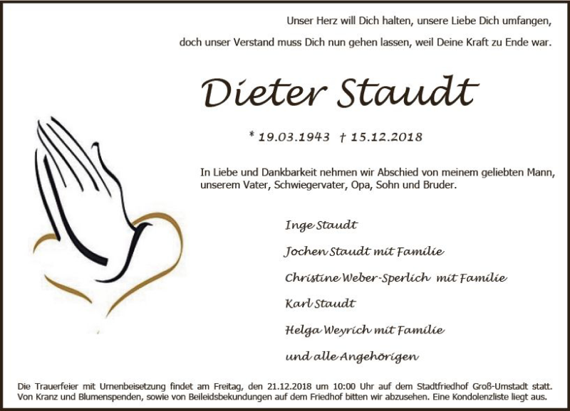  Traueranzeige für Dieter Staudt vom 18.12.2018 aus vrm-trauer