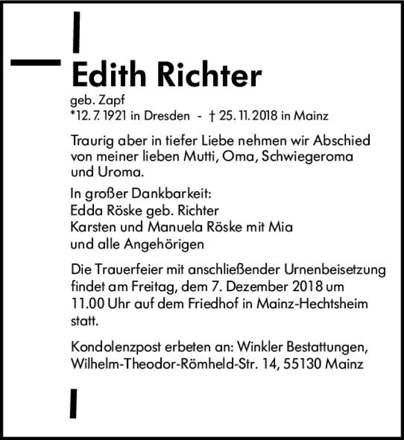  Traueranzeige für Edith Richter vom 01.12.2018 aus vrm-trauer