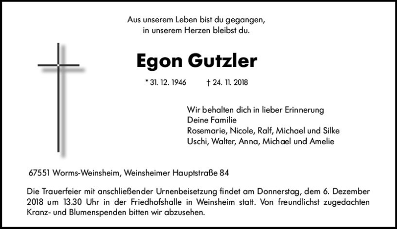  Traueranzeige für Egon Gutzler vom 03.12.2018 aus vrm-trauer