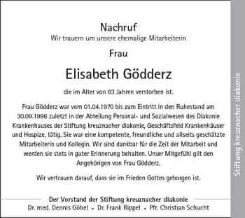Traueranzeige von Elisabeth Gödderz von vrm-trauer