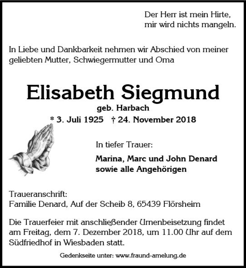 Traueranzeige für Elisabeth Siegmund vom 01.12.2018 aus vrm-trauer