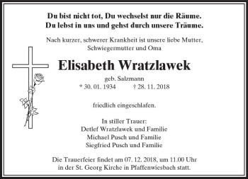 Traueranzeige von Elisabeth Wratzlawek von  Usinger Anzeiger