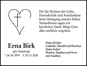 Traueranzeige von Erna Birk von vrm-trauer