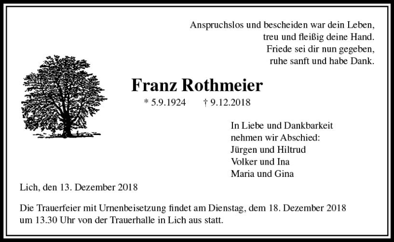  Traueranzeige für Franz Rothmeier vom 15.12.2018 aus  Gießener Anzeiger