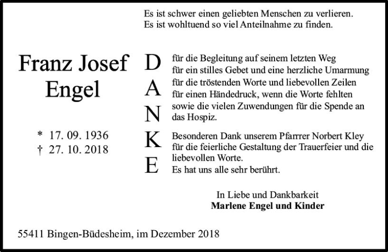  Traueranzeige für Franz Josef Engel vom 15.12.2018 aus vrm-trauer
