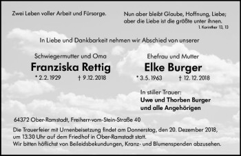 Traueranzeige von Franziska Rettig von vrm-trauer