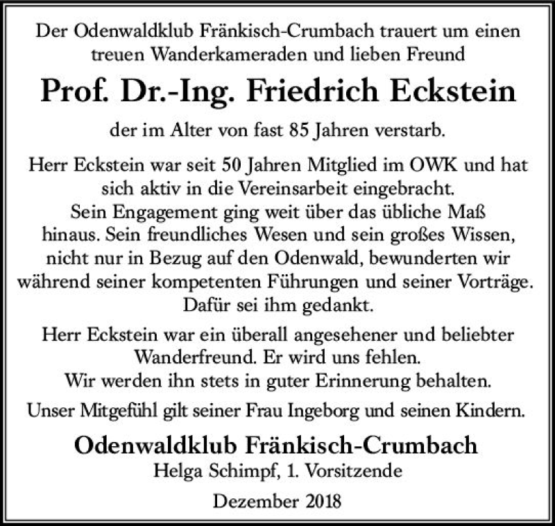  Traueranzeige für Friedrich Eckstein vom 08.12.2018 aus vrm-trauer