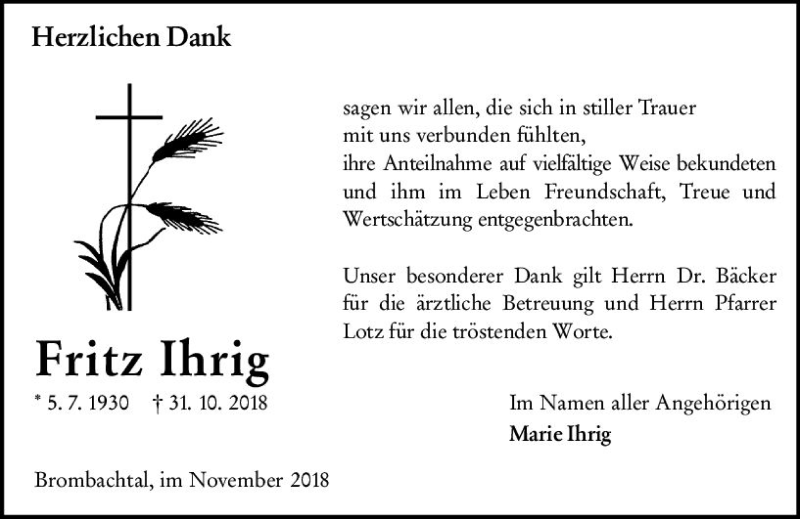  Traueranzeige für Fritz Ihrig vom 01.12.2018 aus vrm-trauer