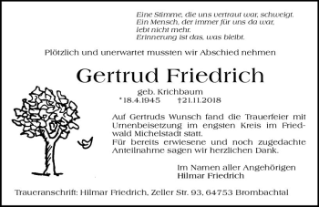 Traueranzeige von Gertrud Friedrich von vrm-trauer