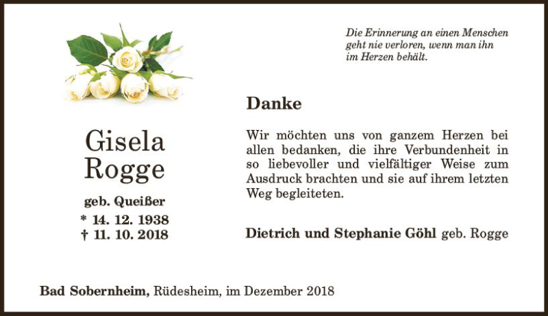  Traueranzeige für Gisela Rogge vom 01.12.2018 aus vrm-trauer