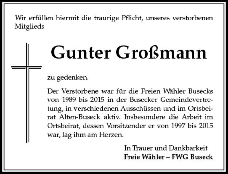  Traueranzeige für Gunter Großmann vom 29.12.2018 aus  Gießener Anzeiger