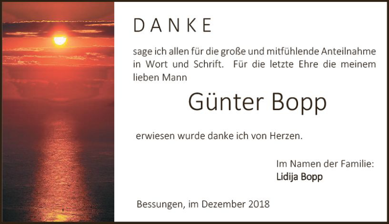  Traueranzeige für Günter Bopp vom 15.12.2018 aus vrm-trauer