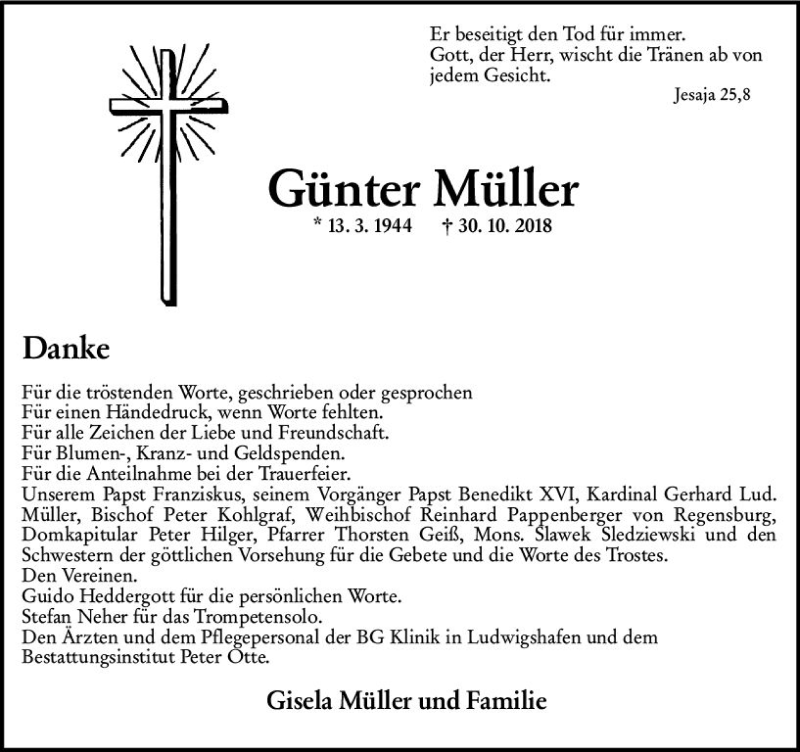  Traueranzeige für Günter Müller vom 15.12.2018 aus vrm-trauer