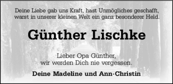 Traueranzeige von Günther Lischke von  Kreisanzeiger