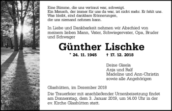 Traueranzeige von Günther Lischke von  Kreisanzeiger