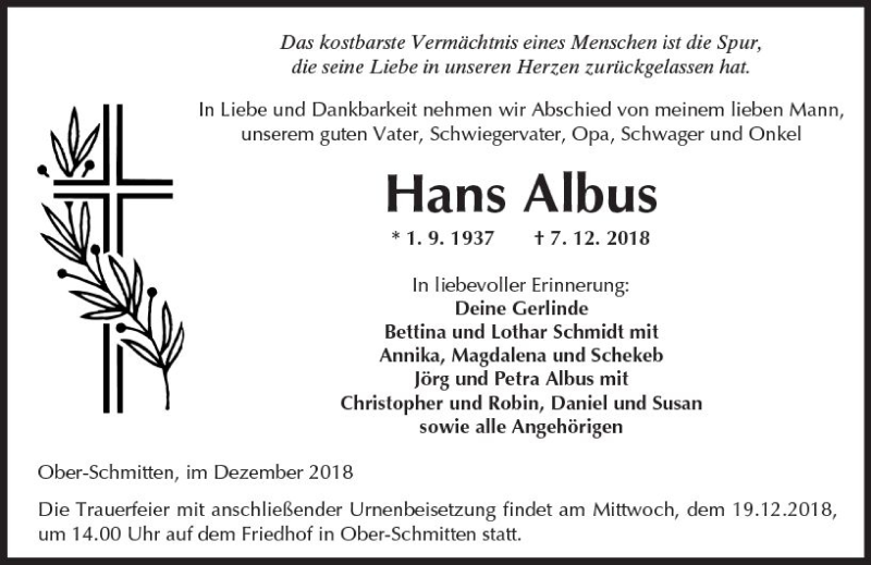  Traueranzeige für Hans Albus vom 15.12.2018 aus  Kreisanzeiger
