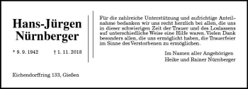 Traueranzeige von Hans-Jürgen Nürnberger von  Gießener Anzeiger