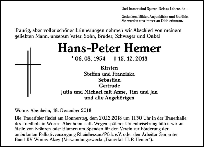  Traueranzeige für Hans-Peter Hemer vom 18.12.2018 aus vrm-trauer