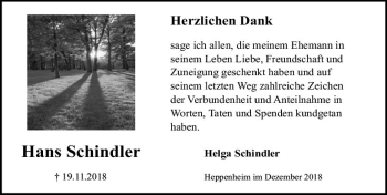 Traueranzeige von Hans Schindler von vrm-trauer