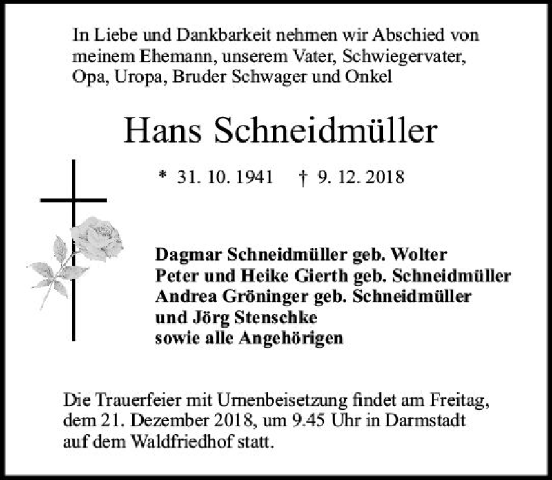  Traueranzeige für Hans Schneidmüller vom 15.12.2018 aus vrm-trauer