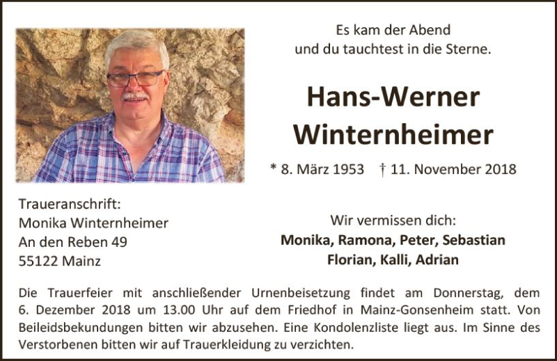  Traueranzeige für Hans-Werner Winternheimer vom 01.12.2018 aus vrm-trauer