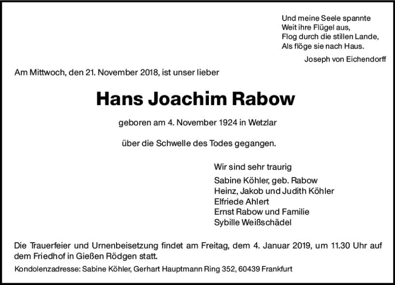  Traueranzeige für Hans Joachim Rabow vom 29.12.2018 aus  Gießener Anzeiger
