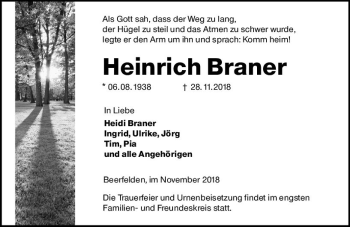 Traueranzeige von Heinrich Braner von vrm-trauer