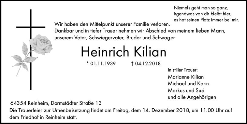  Traueranzeige für Heinrich Kilian vom 08.12.2018 aus vrm-trauer