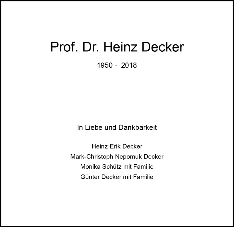  Traueranzeige für Heinz Decker vom 12.12.2018 aus vrm-trauer