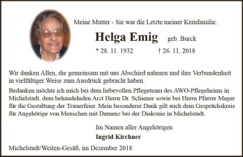 Traueranzeige von Helga Emig von vrm-trauer