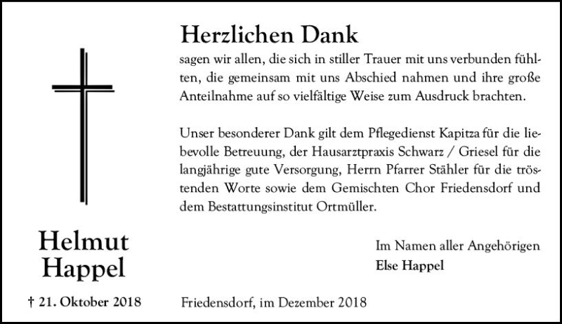  Traueranzeige für Helmut Happel vom 15.12.2018 aus  HA - Hinterländer Anzeiger ()