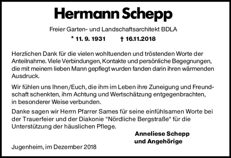  Traueranzeige für Hermann Schepp vom 15.12.2018 aus vrm-trauer