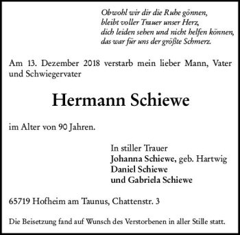 Traueranzeige von Hermann Schiewe von vrm-trauer