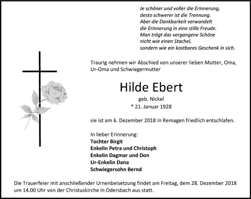  Traueranzeige für Hilde Ebert vom 15.12.2018 aus  WT - Weilburger Tageblatt ()