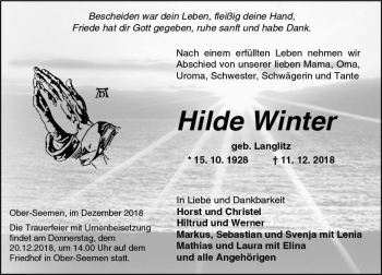 Traueranzeige von Hilde Winter von  Kreisanzeiger