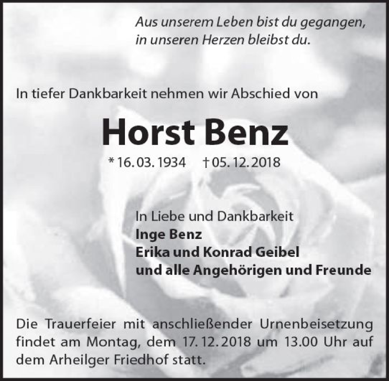  Traueranzeige für Horst Benz vom 12.12.2018 aus vrm-trauer