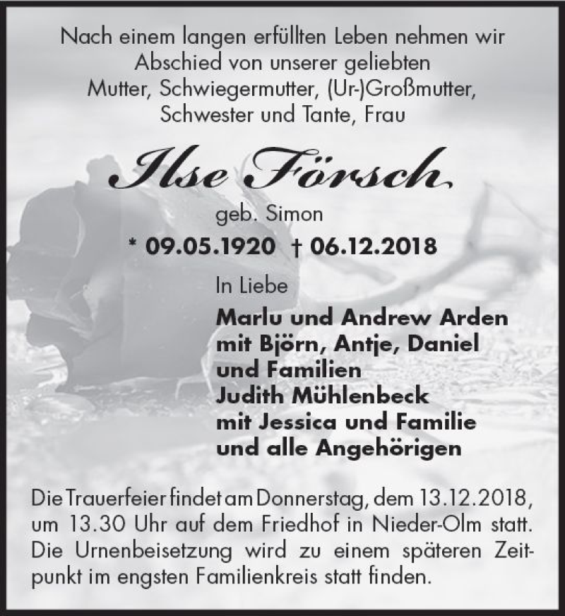  Traueranzeige für Ilse Försch vom 11.12.2018 aus vrm-trauer