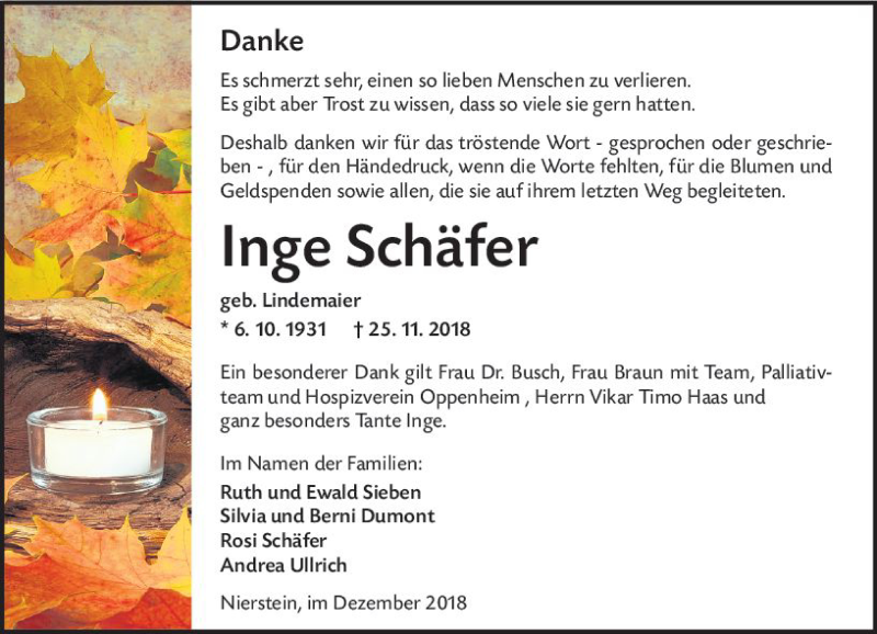  Traueranzeige für Inge Schäfer vom 15.12.2018 aus vrm-trauer