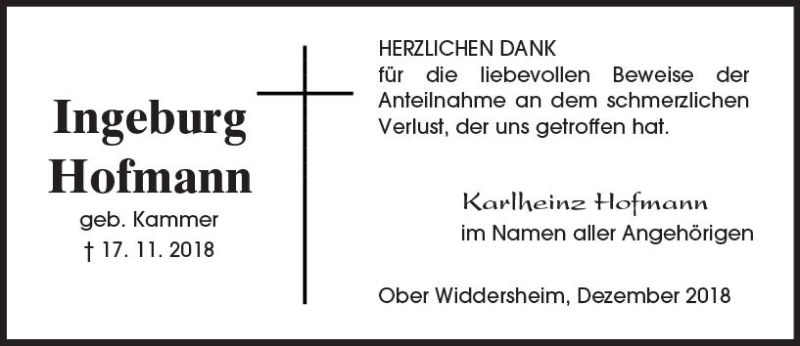  Traueranzeige für Ingeburg Hofmann vom 01.12.2018 aus  Kreisanzeiger
