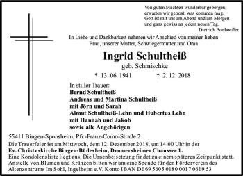 Traueranzeige von Ingrid Schultheiß von vrm-trauer