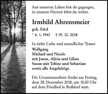 Traueranzeige von Irmhild Ahrensmeier von vrm-trauer
