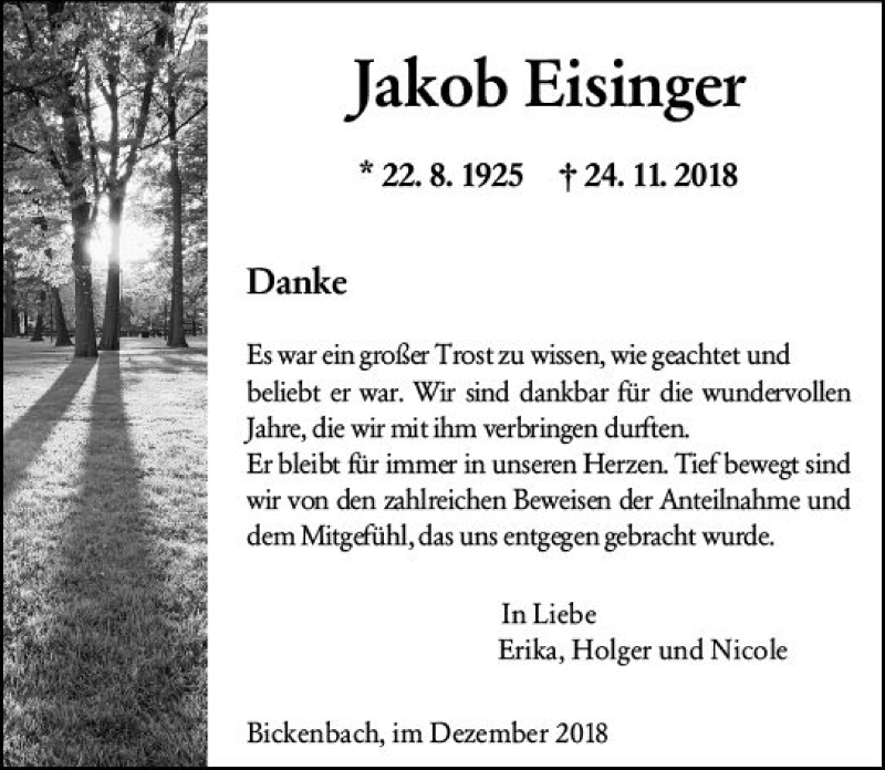  Traueranzeige für Jakob Eisinger vom 15.12.2018 aus vrm-trauer